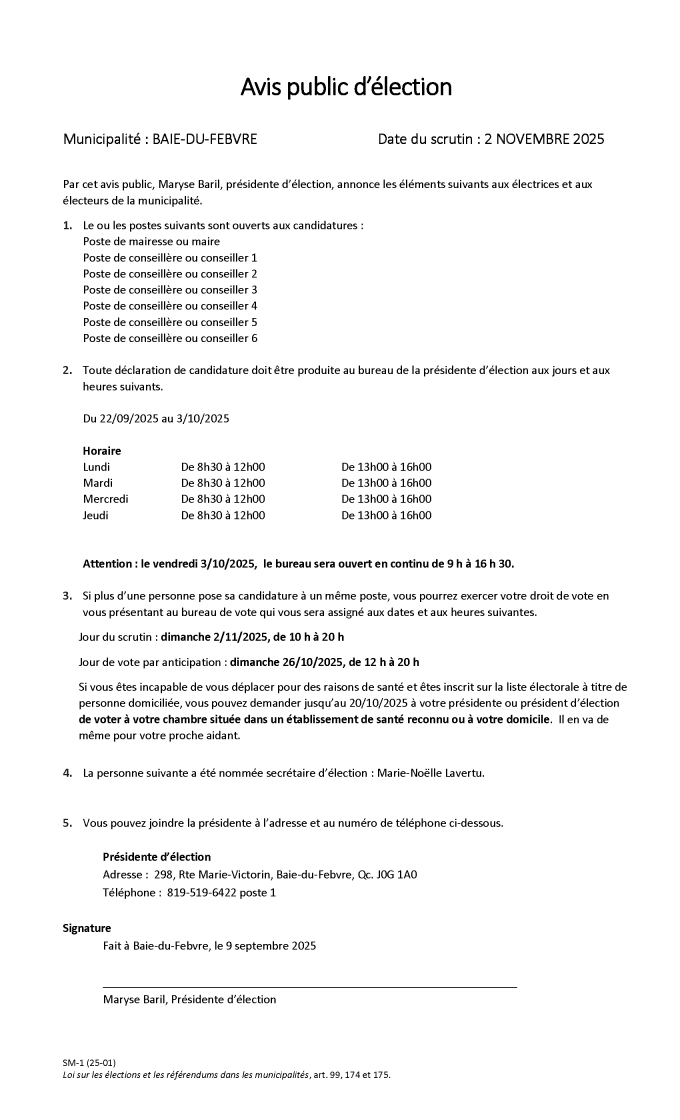 Avis public d'élection